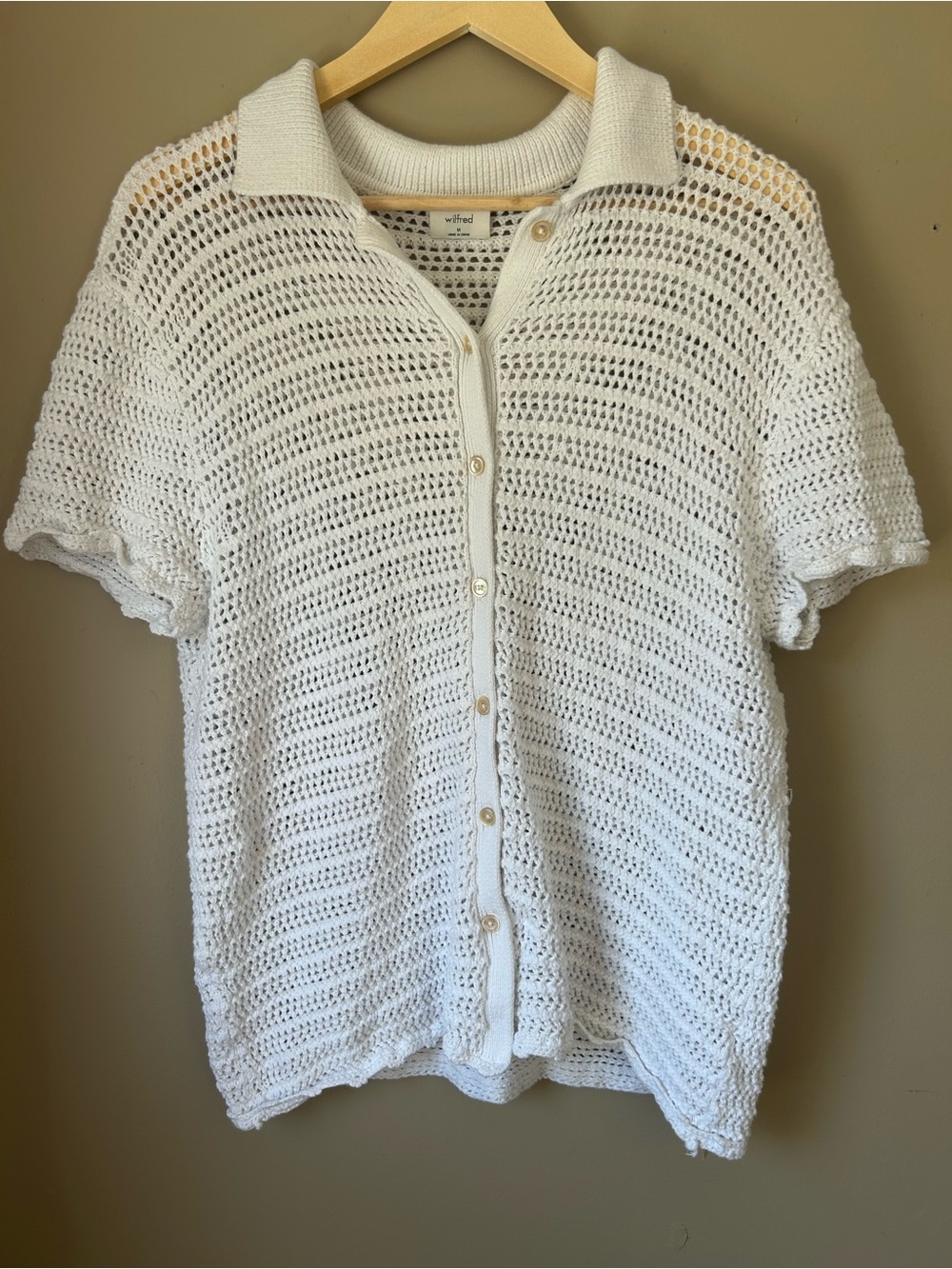 Wilfred Aritzia Knotting Top White Open Knit Crochet Button Polo Shirt M